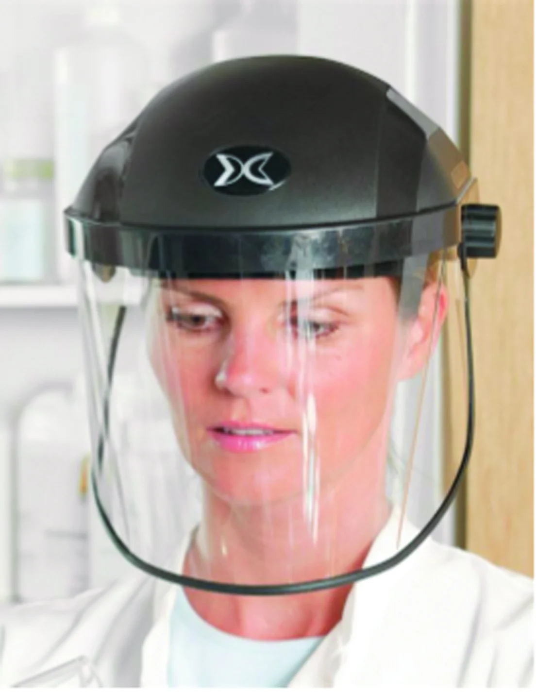 Ansigtsskærm/visir, der dækker og beskytter øjnene og dele af ansigtet.